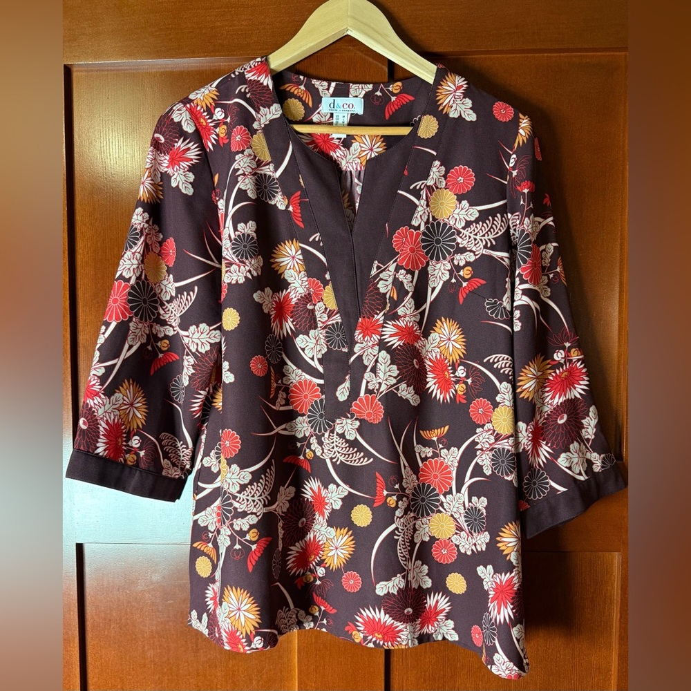 Denim & Co Kimono Inspired Floral Deep Burgundy Blouse Size Medium